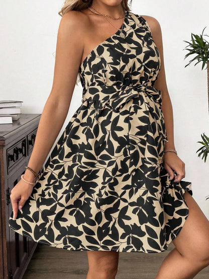 Maternity Floral Print Asymmetric Neck Knee Length Sleeveless Dress Boho A-Line Belted Dress for Office and Events