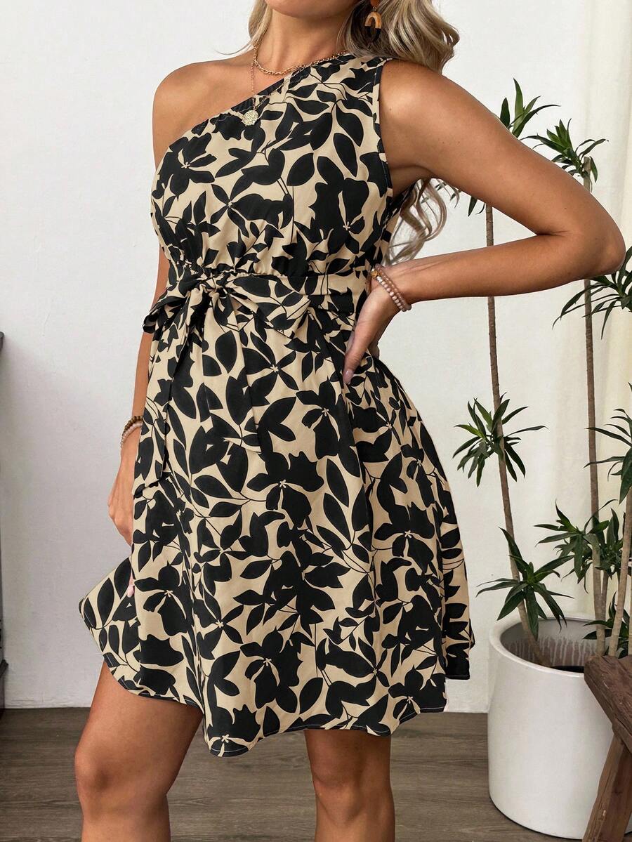 Maternity Floral Print Asymmetric Neck Knee Length Sleeveless Dress Boho A-Line Belted Dress for Office and Events