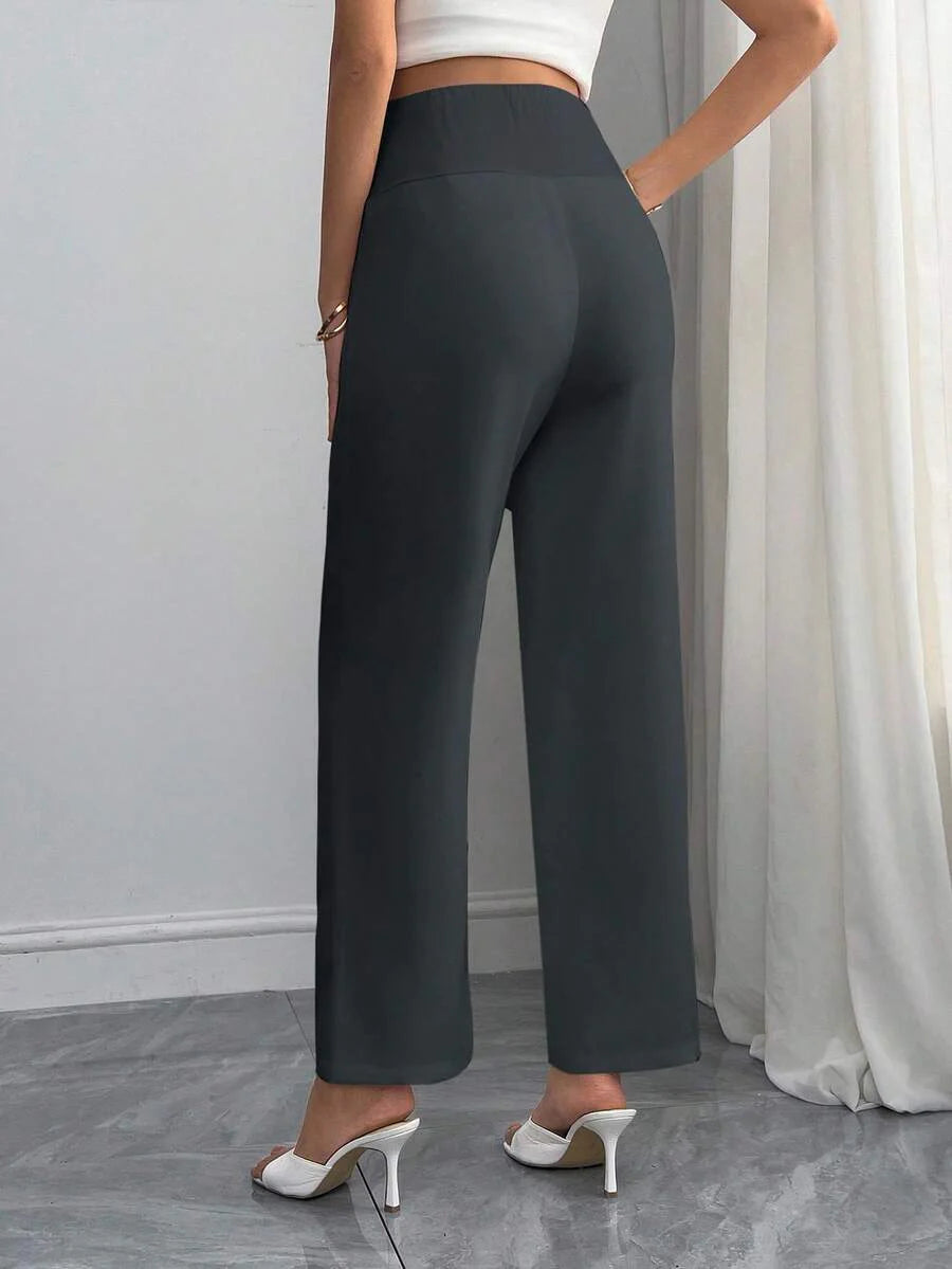 Maternity Straight Leg Pants - Elastic High Waist, Casual & Office, Long, Army Green