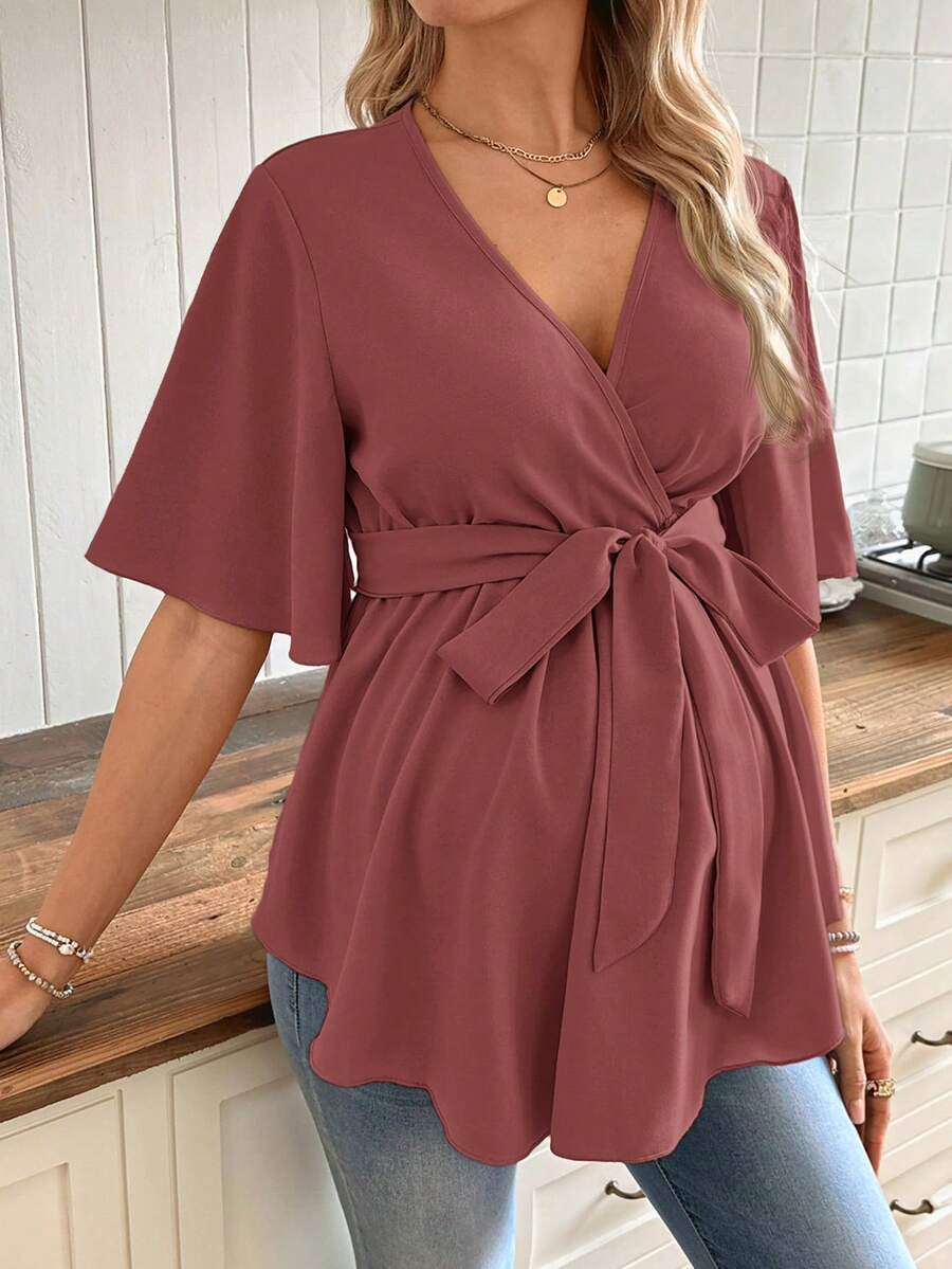 V-Neck Maternity Peplum Blouse with Flounce Sleeves and Adjustable Waist Belt in Dusty Pink for Work or Casual Wear