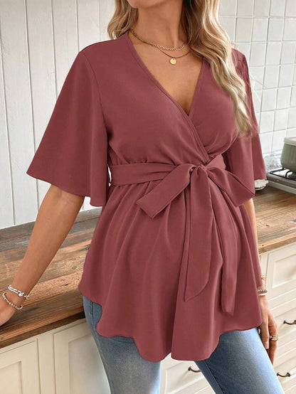V-Neck Maternity Peplum Blouse with Flounce Sleeves and Adjustable Waist Belt in Dusty Pink for Work or Casual Wear