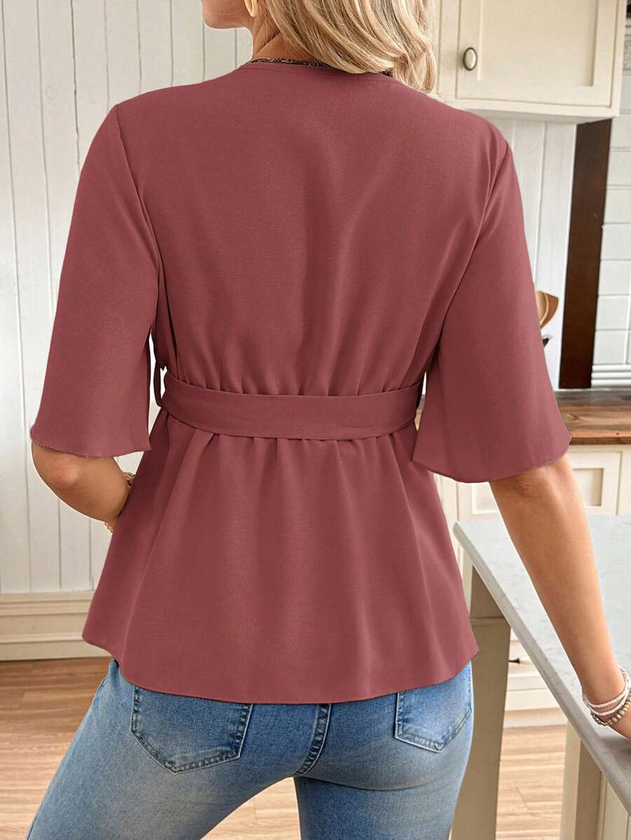 V-Neck Maternity Peplum Blouse with Flounce Sleeves and Adjustable Waist Belt in Dusty Pink for Work or Casual Wear
