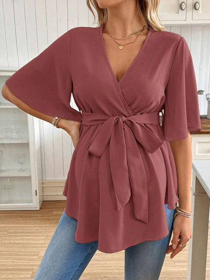 V-Neck Maternity Peplum Blouse with Flounce Sleeves and Adjustable Waist Belt in Dusty Pink for Work or Casual Wear