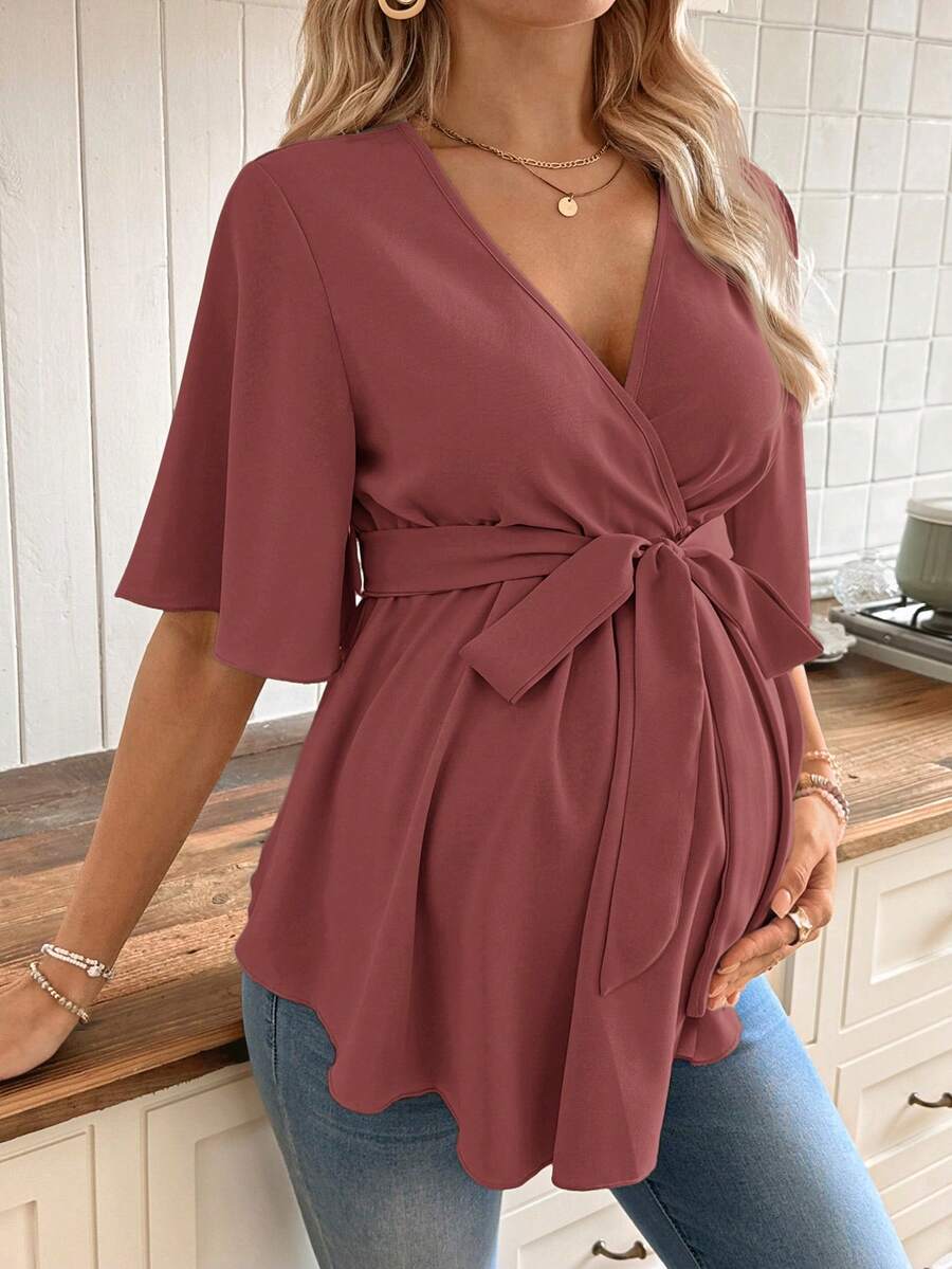 V-Neck Maternity Peplum Blouse with Flounce Sleeves and Adjustable Waist Belt in Dusty Pink for Work or Casual Wear
