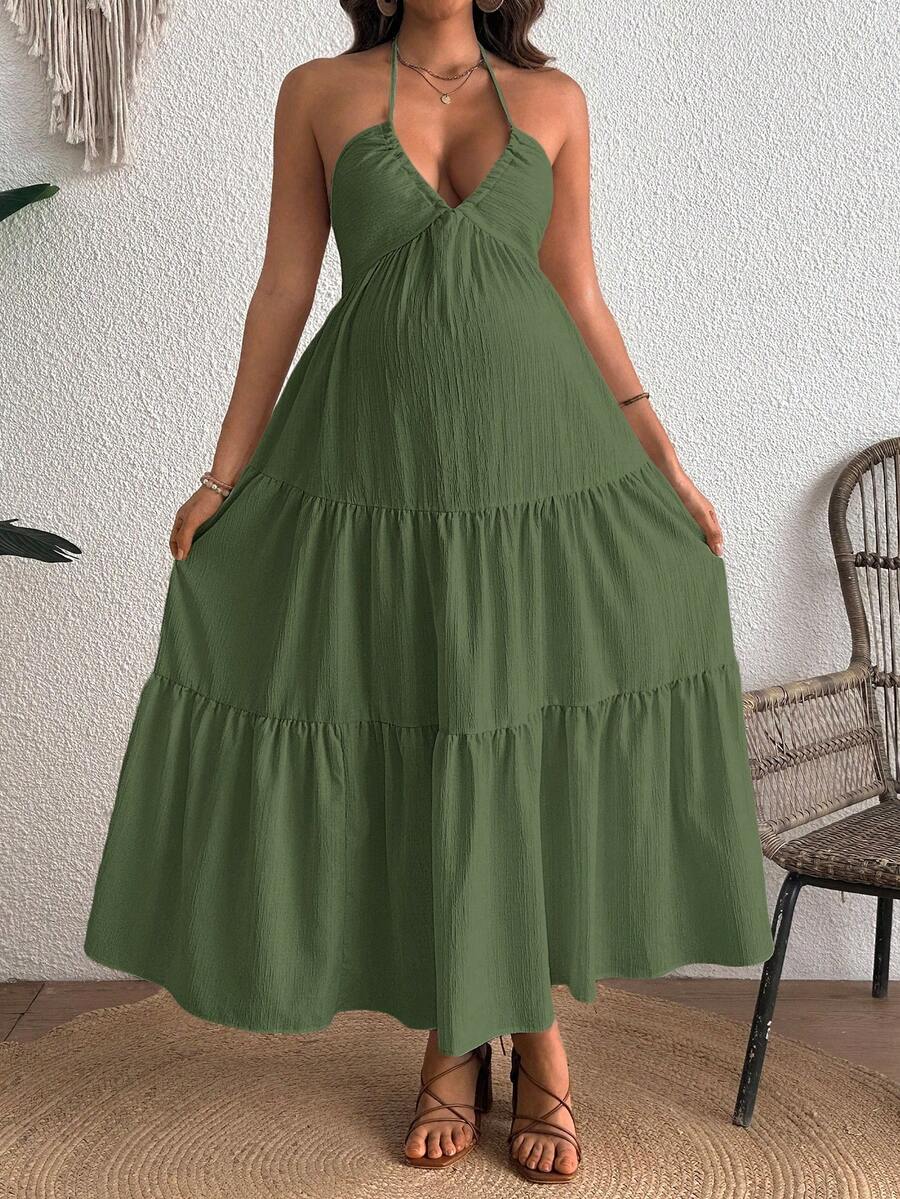 Cherish Maternity Solid Color Backless Maxi Maternity Dress Elegant Sleeveless V Neck Slim Fit Flowy Summer Gown Black