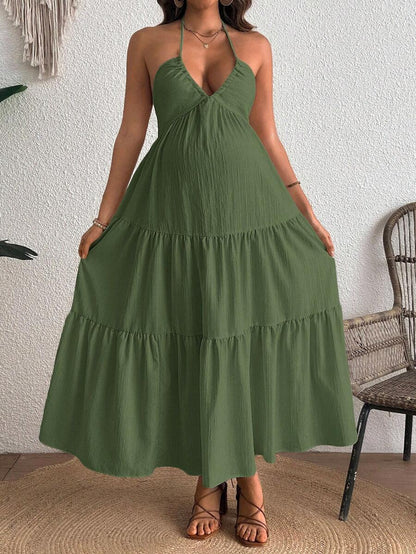 Cherish Maternity Solid Color Backless Maxi Maternity Dress Elegant Sleeveless V Neck Slim Fit Flowy Summer Gown Black