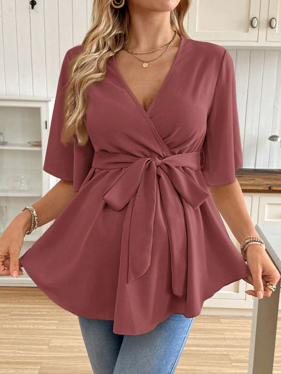 V-Neck Maternity Peplum Blouse with Flounce Sleeves and Adjustable Waist Belt in Dusty Pink for Work or Casual Wear