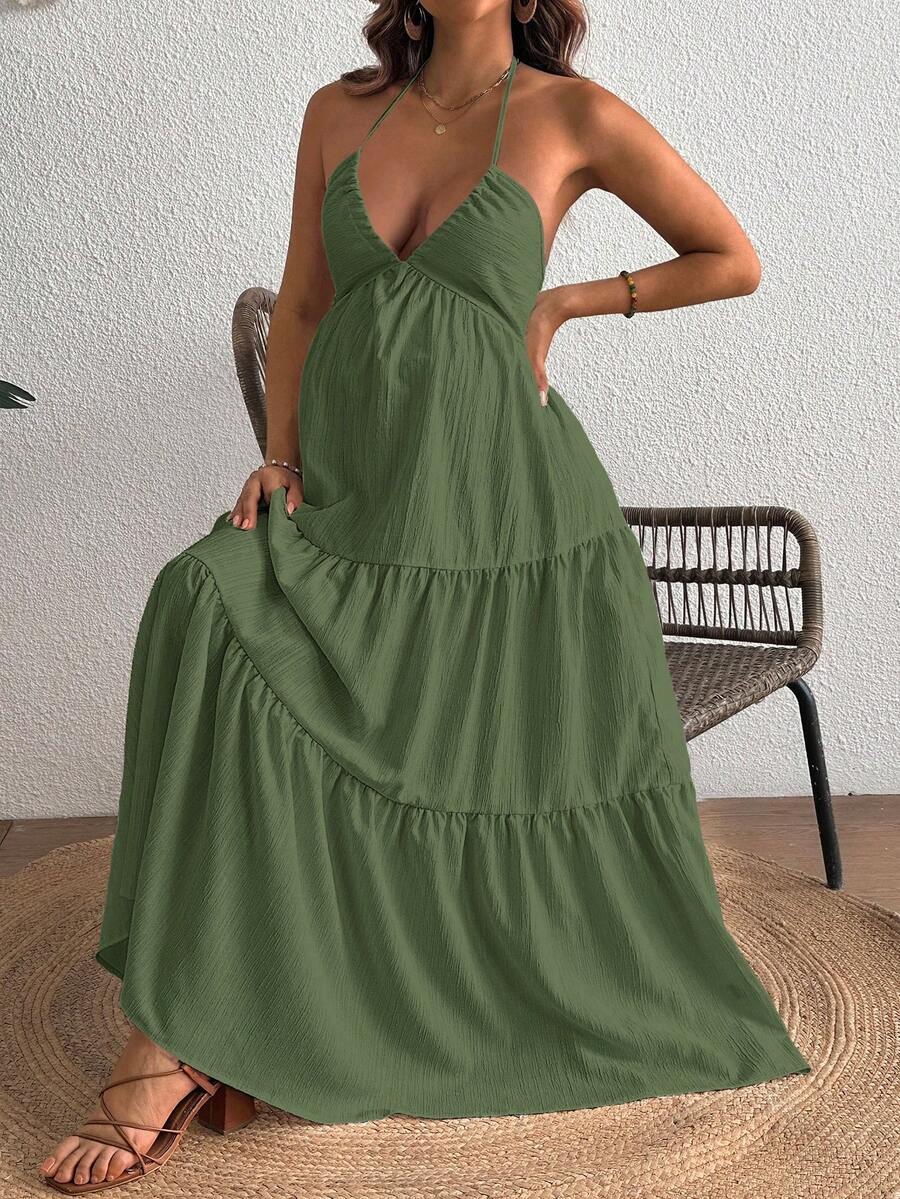 Cherish Maternity Solid Color Backless Maxi Maternity Dress Elegant Sleeveless V Neck Slim Fit Flowy Summer Gown Black