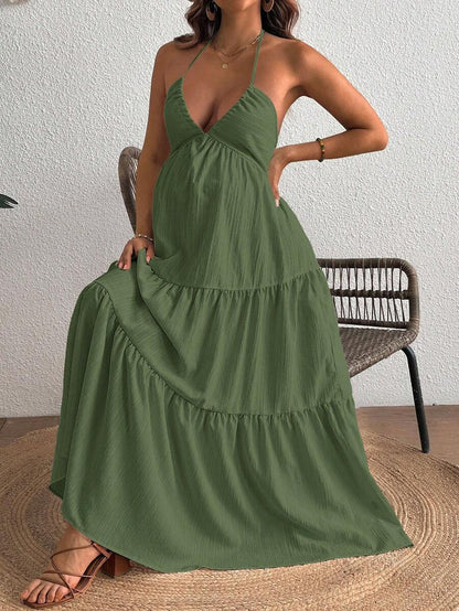 Cherish Maternity Solid Color Backless Maxi Maternity Dress Elegant Sleeveless V Neck Slim Fit Flowy Summer Gown Black