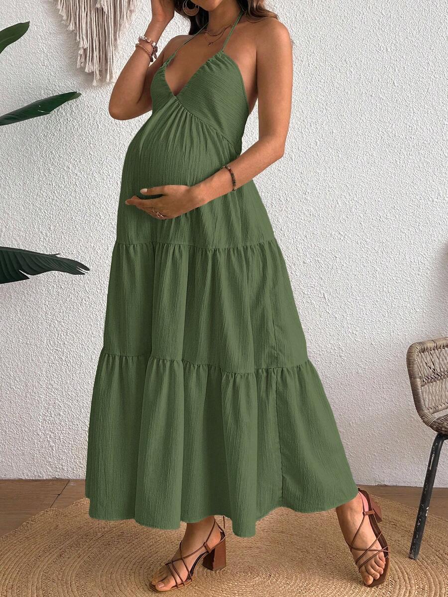Cherish Maternity Solid Color Backless Maxi Maternity Dress Elegant Sleeveless V Neck Slim Fit Flowy Summer Gown Black