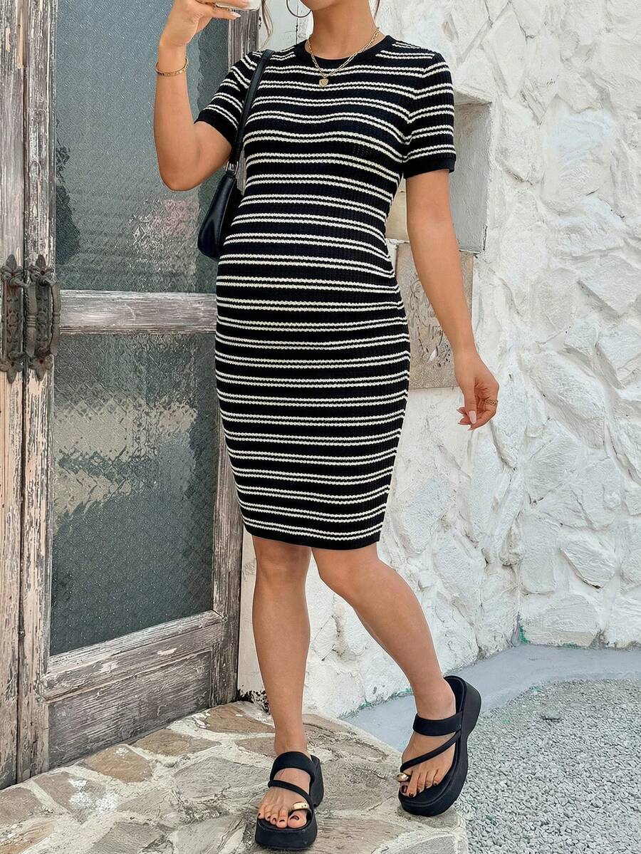 Maternity Striped Short Sleeve Bodycon Dress Round Neck Contrast Piping Slim Fit Pencil Dress for Summer Home Wear