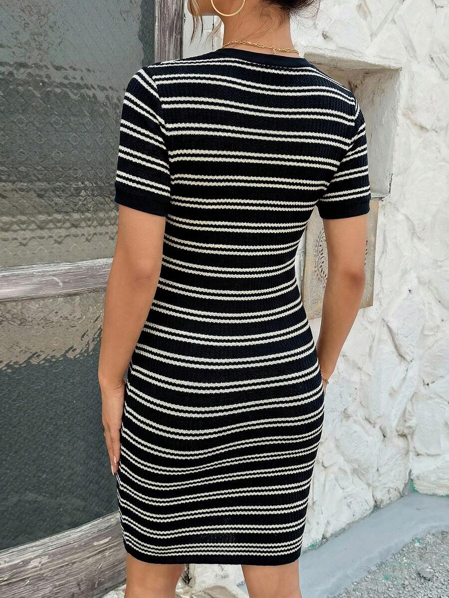 Maternity Striped Short Sleeve Bodycon Dress Round Neck Contrast Piping Slim Fit Pencil Dress for Summer Home Wear
