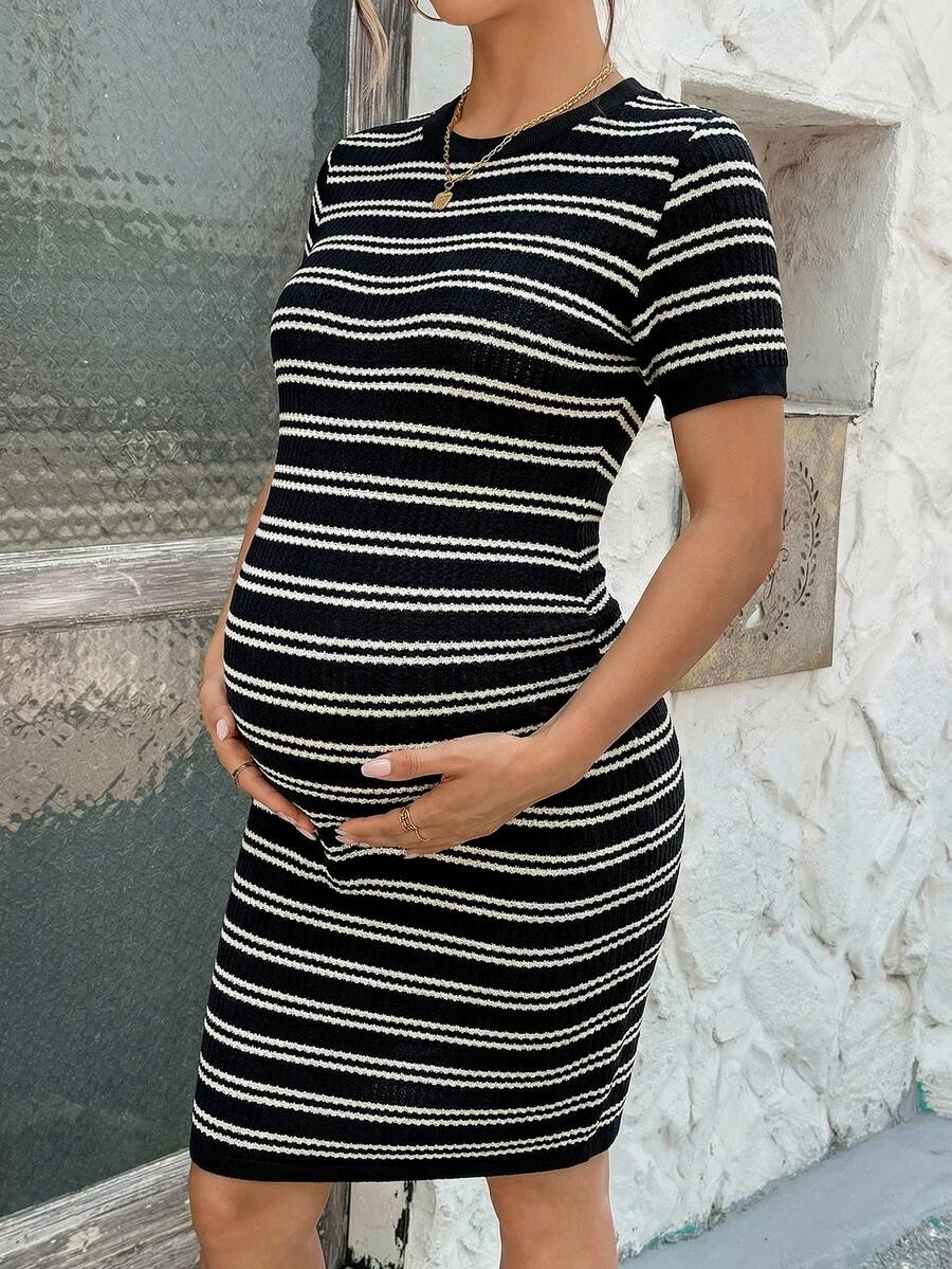 Maternity Casual Striped Short Sleeve Bodycon Dress with Contrast Piping Navy Blue Round Neck Slim Fit Summer Pencil Dress
