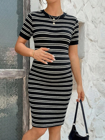 Maternity Short Sleeve Striped Slim Fit Ribbed Dress Casual Crew Neck Bodycon Pencil Dress for Home and Daily Wear