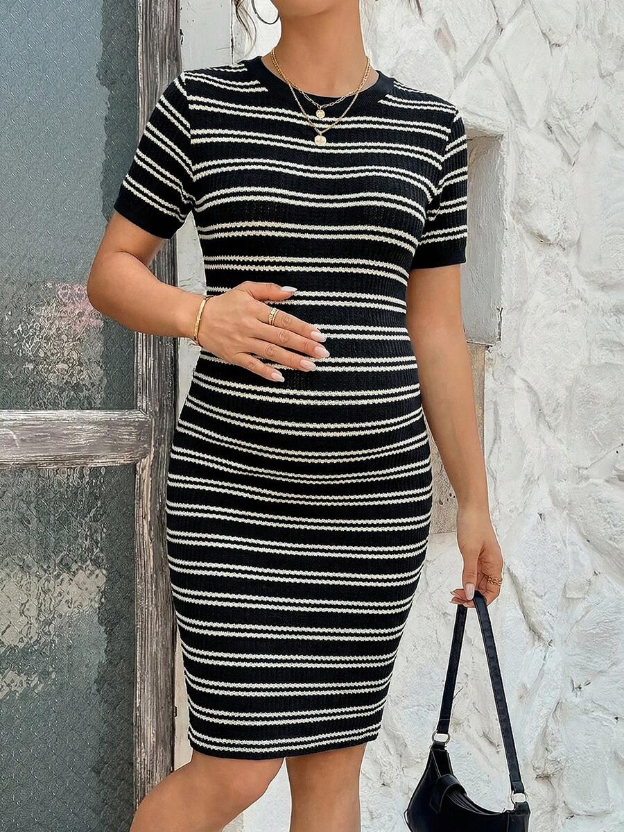 Maternity Casual Striped Short Sleeve Bodycon Dress with Contrast Piping Navy Blue Round Neck Slim Fit Summer Pencil Dress