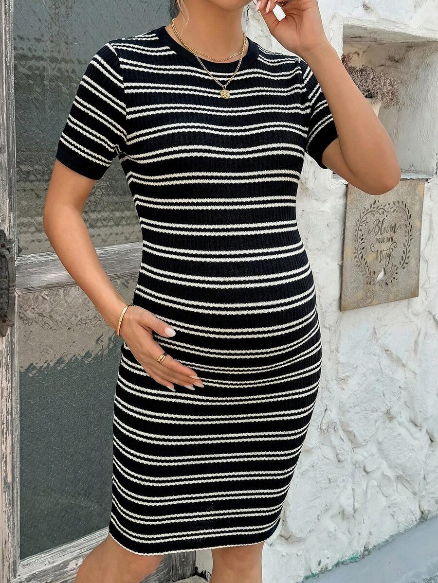 Maternity Striped Short Sleeve Bodycon Dress Round Neck Contrast Piping Slim Fit Pencil Dress for Summer Home Wear
