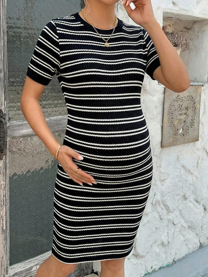 Maternity Striped Short Sleeve Bodycon Dress Round Neck Contrast Piping Slim Fit Pencil Dress for Summer Home Wear