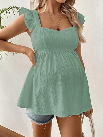 Maternity Summer Casual Textured Peplum Shirt with Ruffle Trim Sleeveless Baby Blue Flared Maternity Top