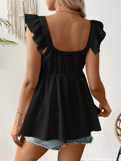 White Sleeveless Peplum Maternity Blouse Slim Fit Flounce Strap Neckline Flared Hem Long Length Woven Polyester Top