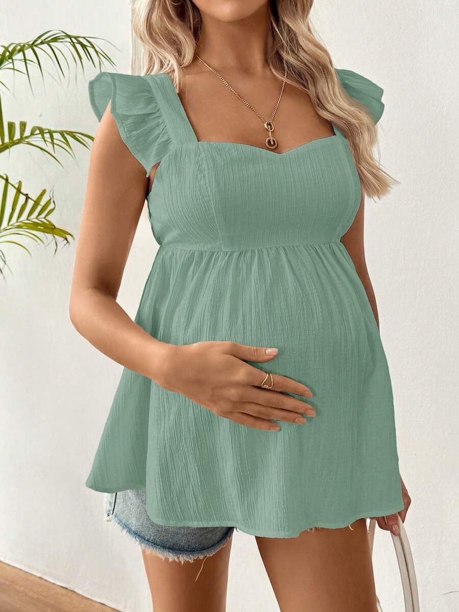Black Ruffle Sleeveless Maternity Blouse - Slim Fit Flounce Sleeve Peplum Top for Casual Daily Wear and Summer Outfits