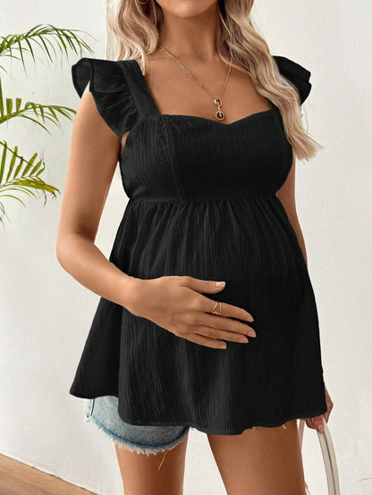 Maternity Summer Casual Textured Peplum Shirt with Ruffle Trim Sleeveless Baby Blue Flared Maternity Top