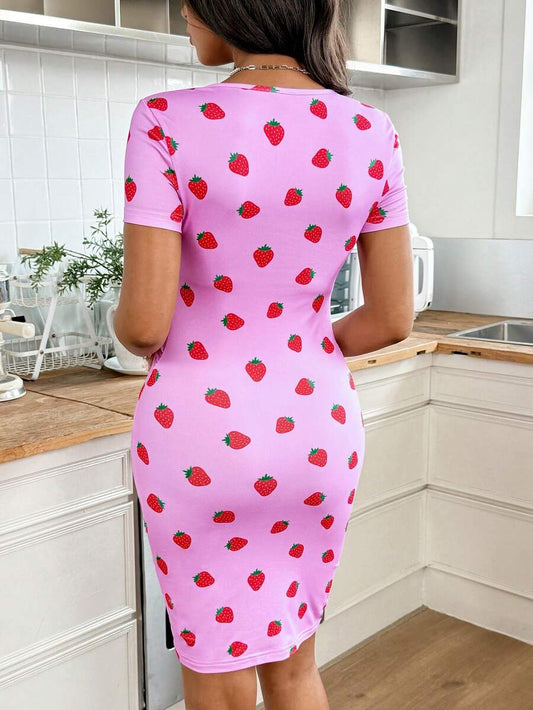 Maternity Rose Red Strawberry Print Square Neck Bodycon Dress Slim Fit Puff Short Sleeve Highly Elastic Casual Holiday Mini Dress