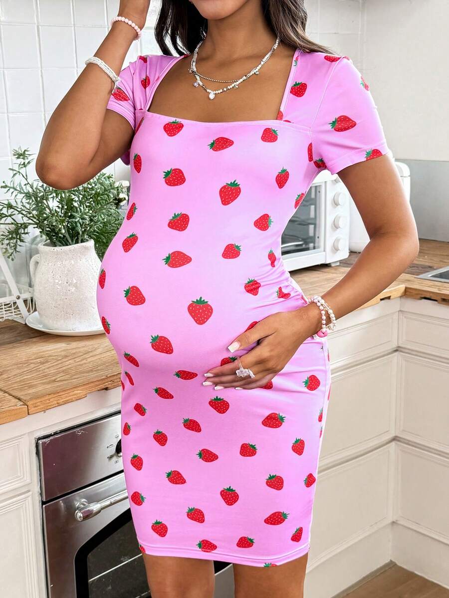 Maternity Rose Red Strawberry Print Square Neck Bodycon Dress Slim Fit Puff Short Sleeve Highly Elastic Casual Holiday Mini Dress