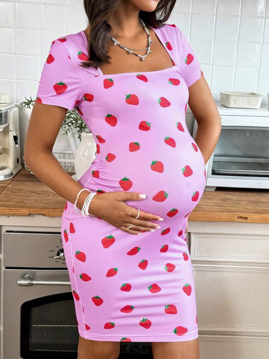 Maternity Rose Red Strawberry Print Square Neck Bodycon Dress Slim Fit Puff Short Sleeve Highly Elastic Casual Holiday Mini Dress
