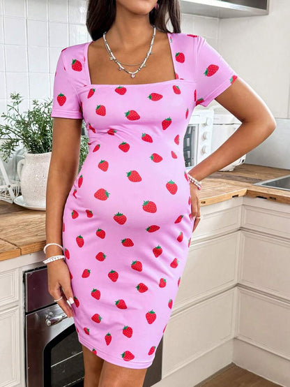 Maternity Rose Red Strawberry Print Square Neck Bodycon Dress Slim Fit Puff Short Sleeve Highly Elastic Casual Holiday Mini Dress