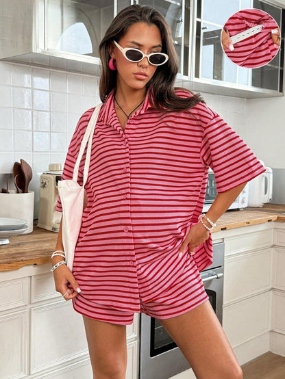 Red Striped Button Front Maternity T-Shirt and Shorts Set - 2 Piece Casual Summer Vacation Outfit - Short Sleeve Drop Shoulder Longline Top