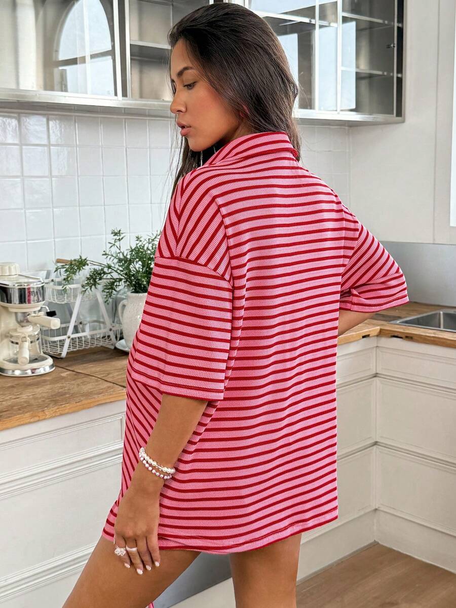 Red Striped Button Front Maternity T-Shirt and Shorts Set - 2 Piece Casual Summer Vacation Outfit - Short Sleeve Drop Shoulder Longline Top