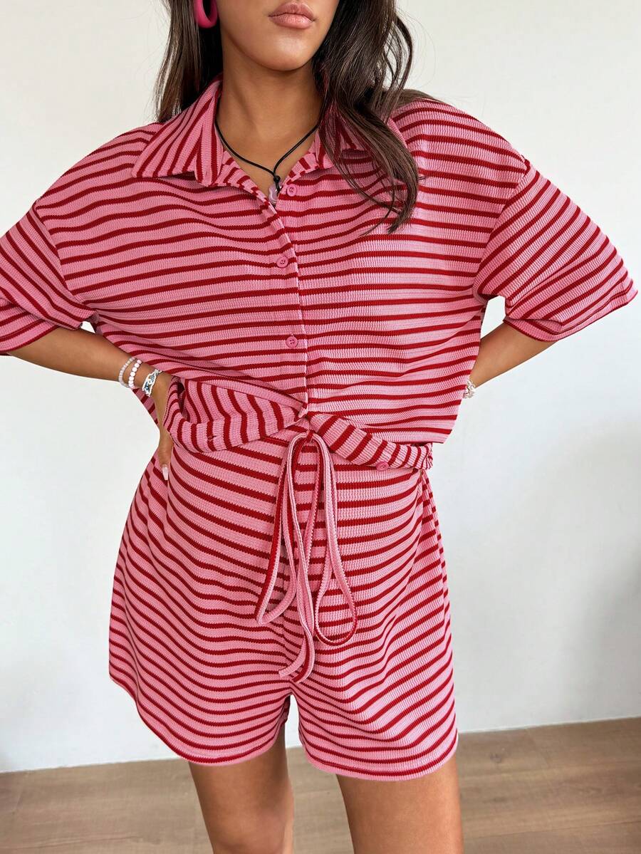 Red Striped Button Front Maternity T-Shirt and Shorts Set - 2 Piece Casual Summer Vacation Outfit - Short Sleeve Drop Shoulder Longline Top
