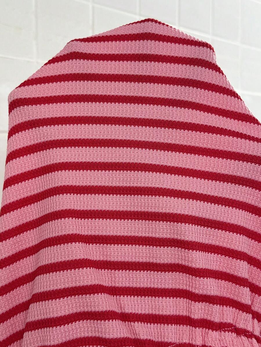 Red Striped Button Front Maternity T-Shirt and Shorts Set - 2 Piece Casual Summer Vacation Outfit - Short Sleeve Drop Shoulder Longline Top