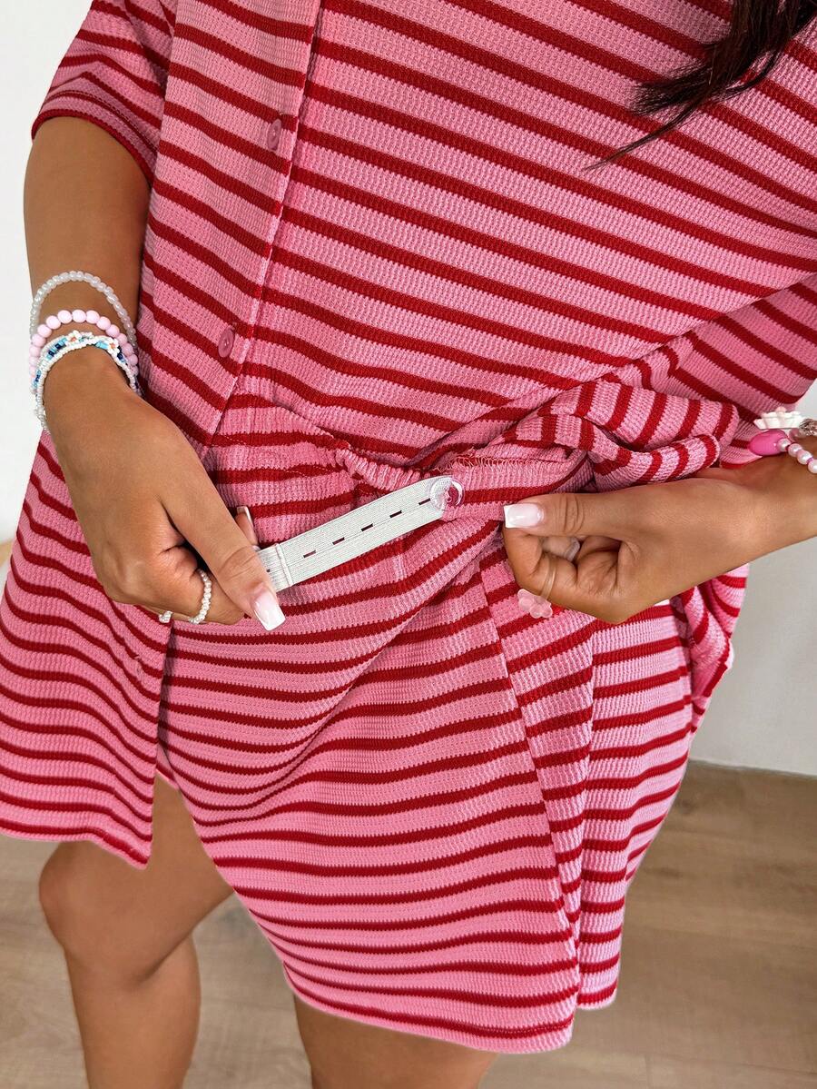 Red Striped Button Front Maternity T-Shirt and Shorts Set - 2 Piece Casual Summer Vacation Outfit - Short Sleeve Drop Shoulder Longline Top