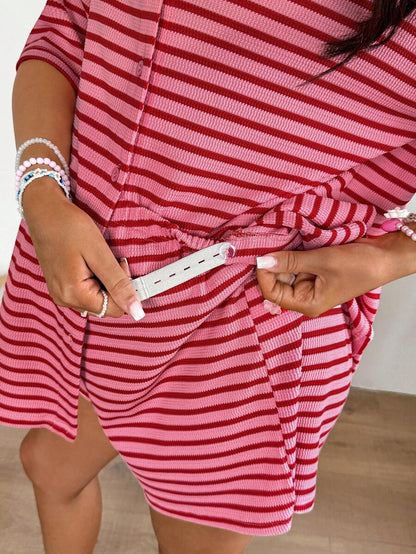 Red Striped Button Front Maternity T-Shirt and Shorts Set - 2 Piece Casual Summer Vacation Outfit - Short Sleeve Drop Shoulder Longline Top