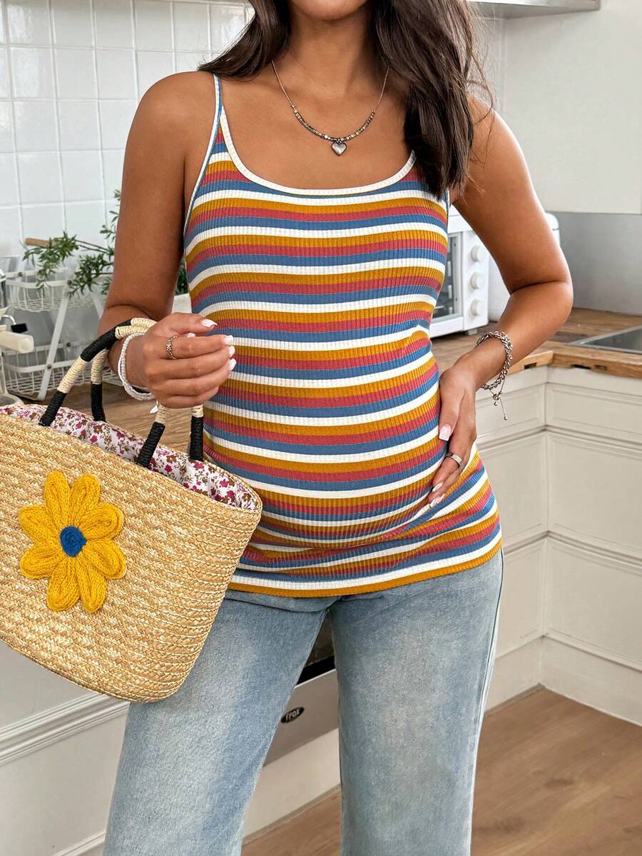 Maternity Striped Cami Crop Top - Spaghetti Strap, Slim Fit, High Stretch, Multicolor