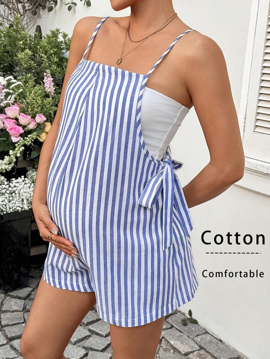 Maternity Striped Cold Shoulder Cami Jumpsuit with Twist Front and Side Bow Ties for Summer Beach Outfits