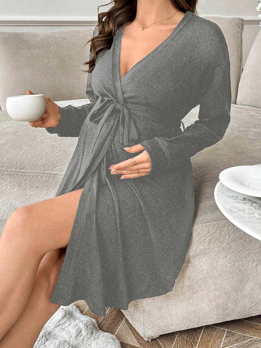 Maternity Long Sleeve Belted Lounge Robe Women Soft Solid Color Fall Winter Sleepwear Coat