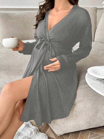 Maternity Long Sleeve Belted Lounge Robe Women Soft Solid Color Fall Winter Sleepwear Coat