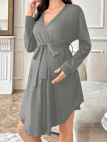 Maternity Long Sleeve Belted Lounge Robe Women Soft Solid Color Fall Winter Sleepwear Coat