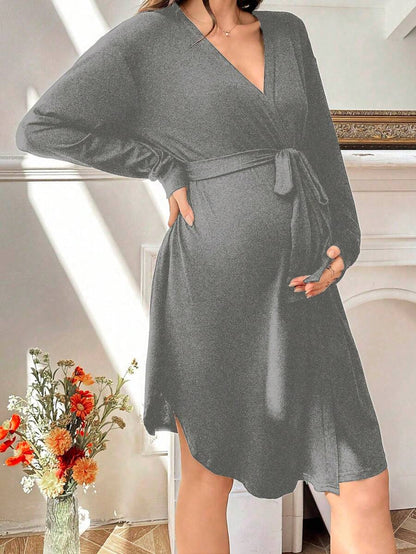 Maternity Long Sleeve Belted Lounge Robe Women Soft Solid Color Fall Winter Sleepwear Coat