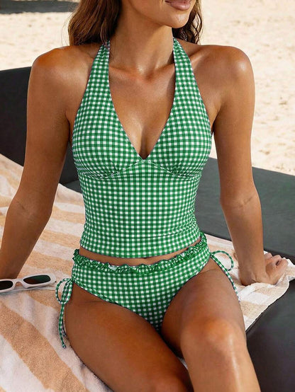 Women's 2-Piece Polka Dot Bikini Set - Ruffle Trim, Halter, Cropped Top, Black