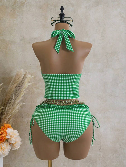 Women's 2-Piece Polka Dot Bikini Set - Ruffle Trim, Halter, Cropped Top, Black
