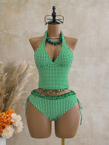 Women's 2-Piece Polka Dot Bikini Set - Ruffle Trim, Halter, Cropped Top, Black