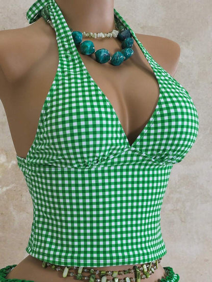 Women's 2-Piece Polka Dot Bikini Set - Ruffle Trim, Halter, Cropped Top, Black