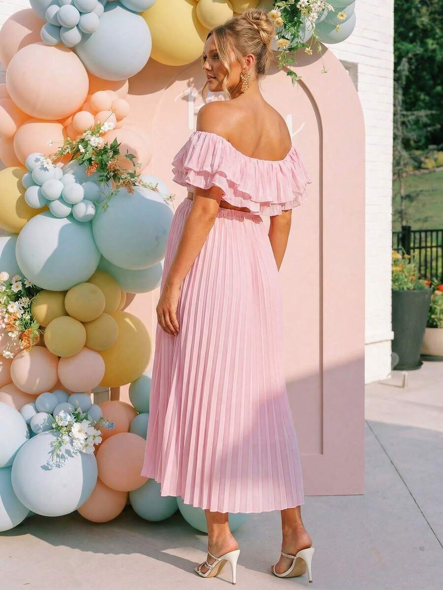 Maternity 2 Piece Set Off Shoulder Ruffle Pink Short Top and Long Skirt for Gender Reveal and Baby Shower