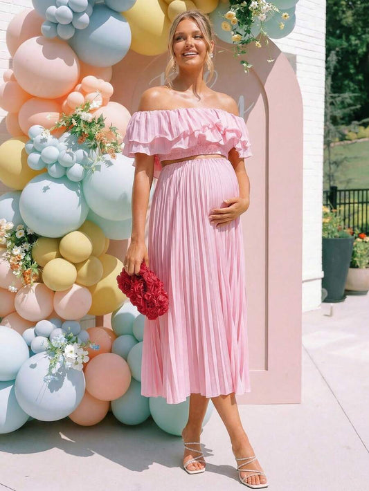 Maternity 2 Piece Set Off Shoulder Ruffle Pink Short Top and Long Skirt for Gender Reveal and Baby Shower