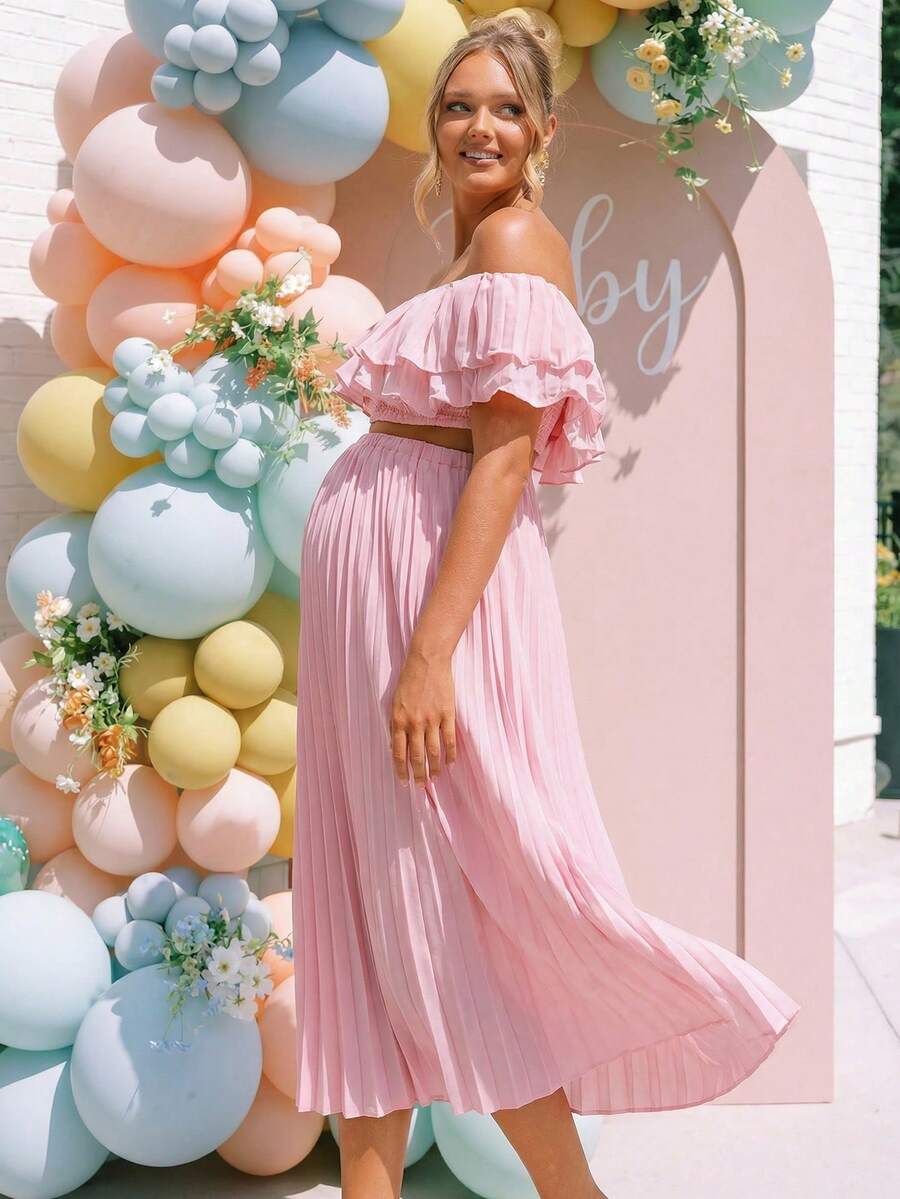 Maternity 2 Piece Set Off Shoulder Ruffle Pink Short Top and Long Skirt for Gender Reveal and Baby Shower