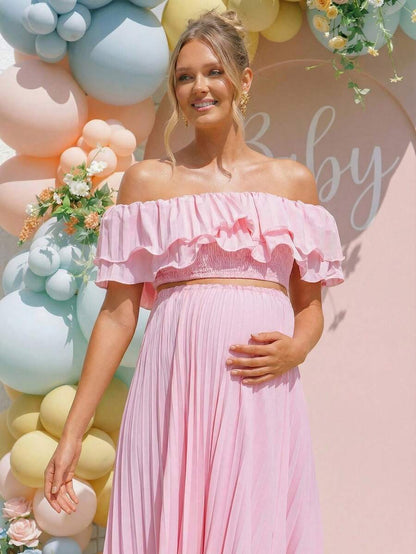 Maternity 2 Piece Set Off Shoulder Ruffle Pink Short Top and Long Skirt for Gender Reveal and Baby Shower