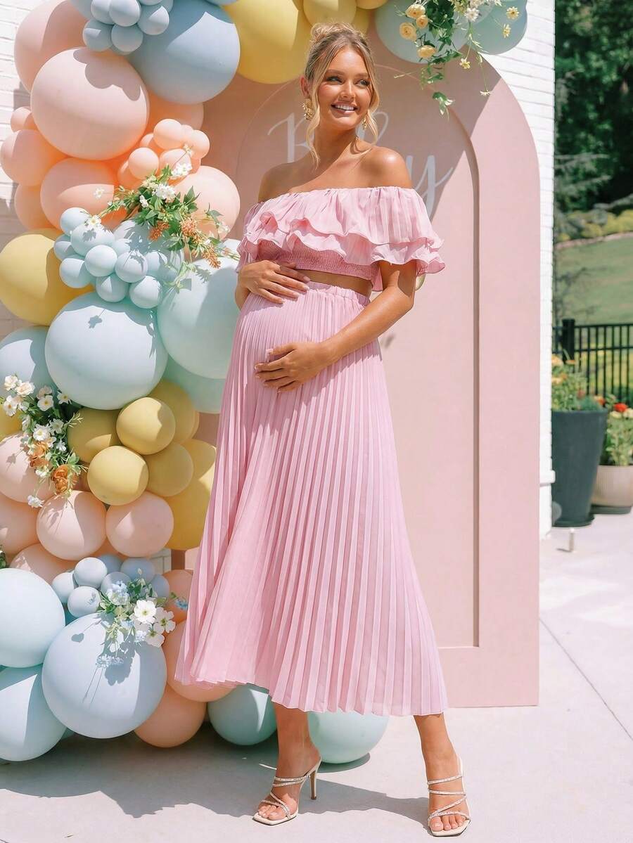 Maternity 2 Piece Set Off Shoulder Ruffle Pink Short Top and Long Skirt for Gender Reveal and Baby Shower